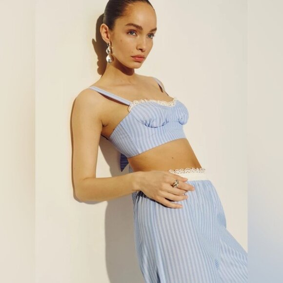 NEW Reformation Pippa Two Piece Set Top Pants Sky Blue Stripe | US 0 UK 4 - Picture 5 of 16